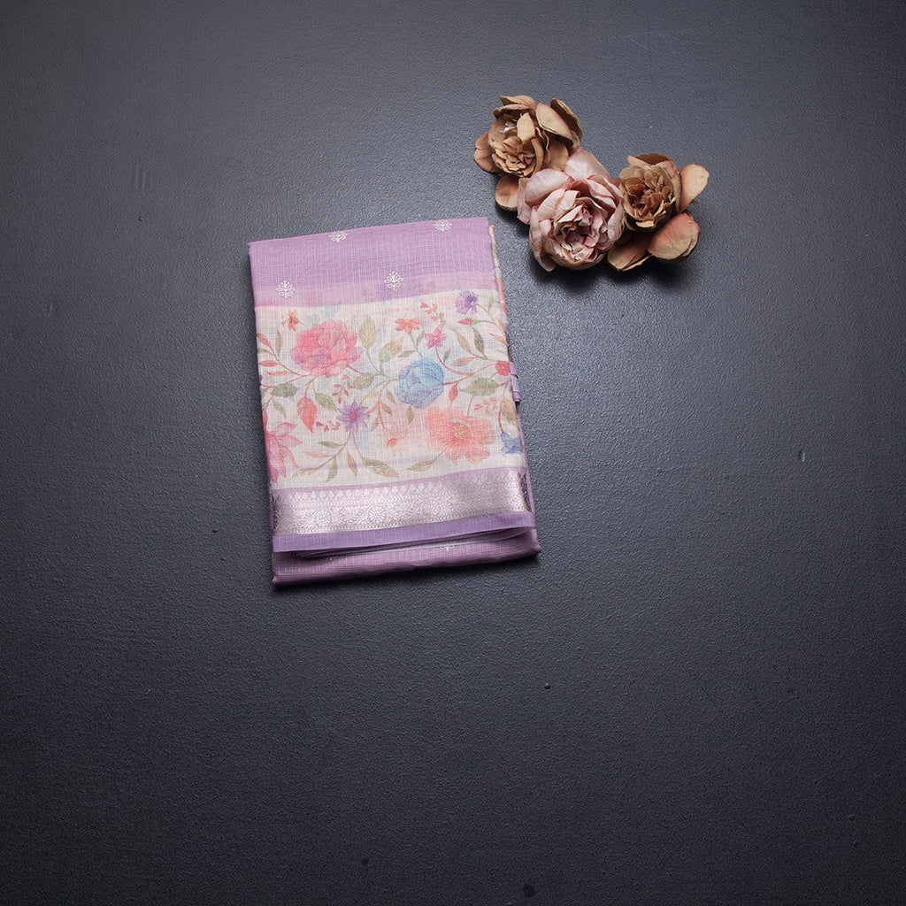 Kota Lavender Saree With Thread Buttas And Printed With Zari Border