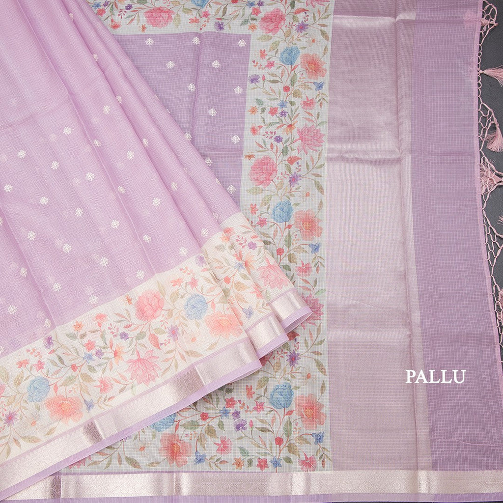 Kota Lavender Saree With Thread Buttas And Printed With Zari Border