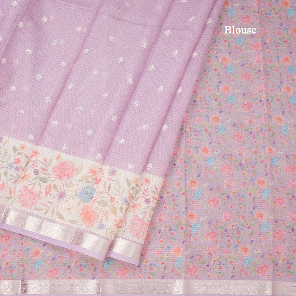 Kota Lavender Saree With Thread Buttas And Printed With Zari Border
