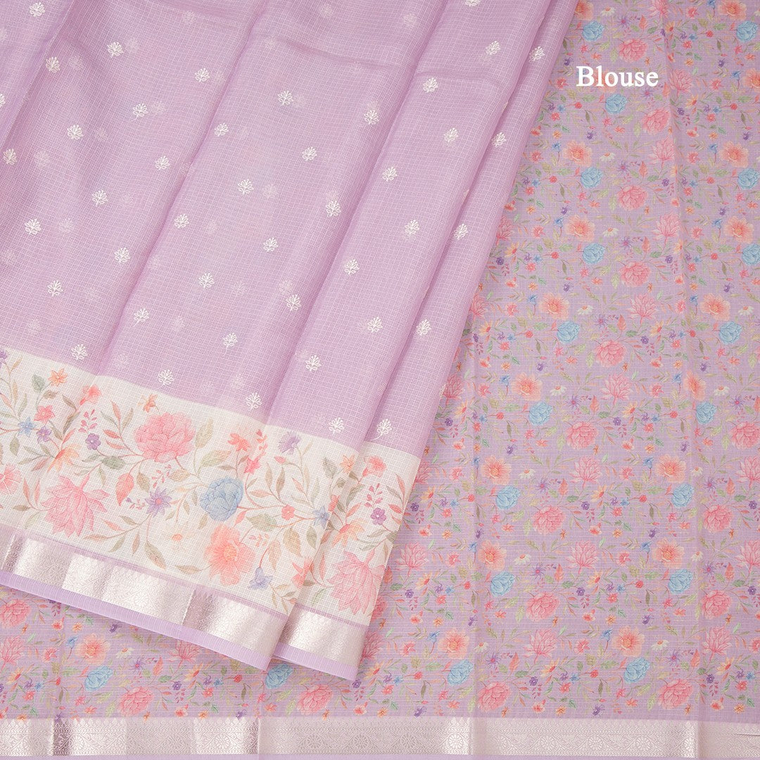 Kota Lavender Saree With Thread Buttas And Printed With Zari Border