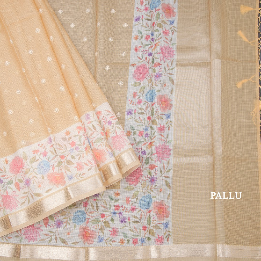 Kota Sandal Saree With Thread Buttas And Printed With Zari Border