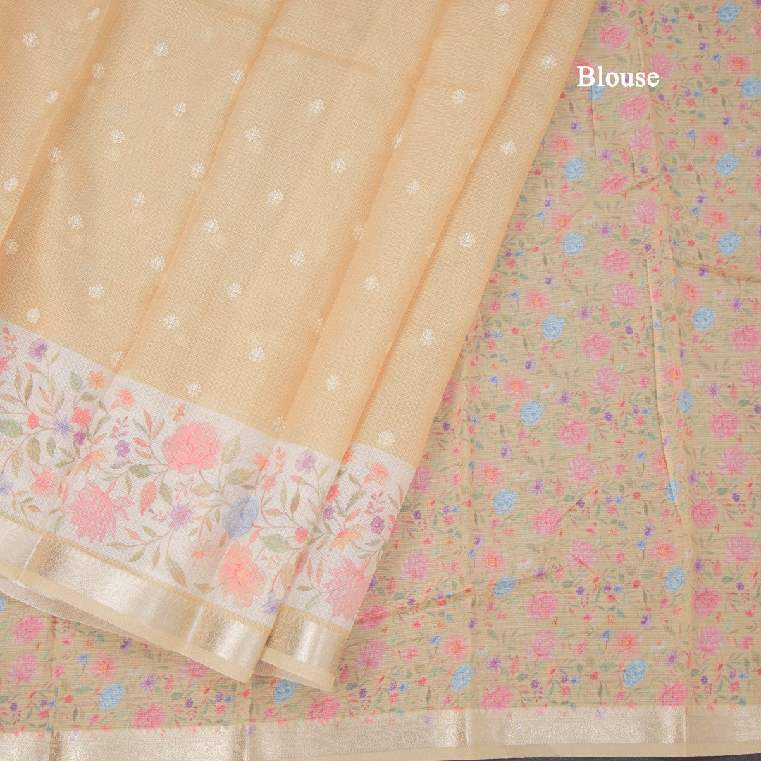Kota Sandal Saree With Thread Buttas And Printed With Zari Border