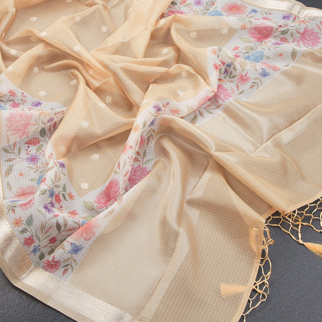 Kota Sandal Saree With Thread Buttas And Printed With Zari Border - Kumaran Silks