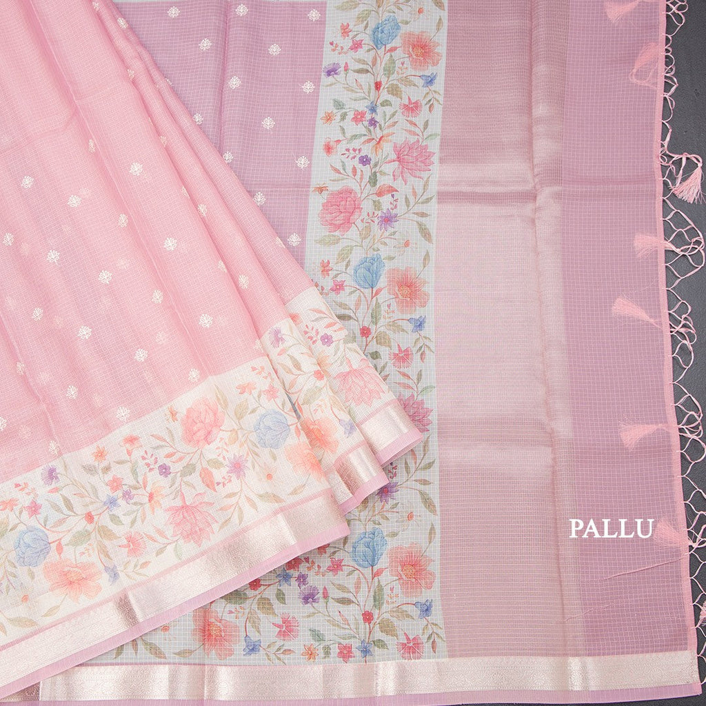 Kota Rose Pink Saree With Thread Buttas And Printed With Zari Border