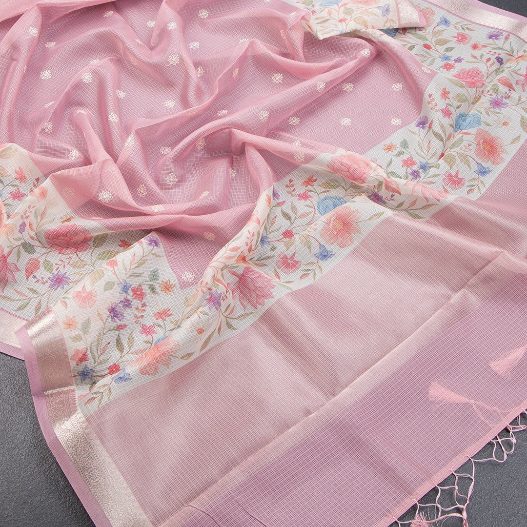 Kota Rose Pink Saree With Thread Buttas And Printed With Zari Border - Kumaran Silks
