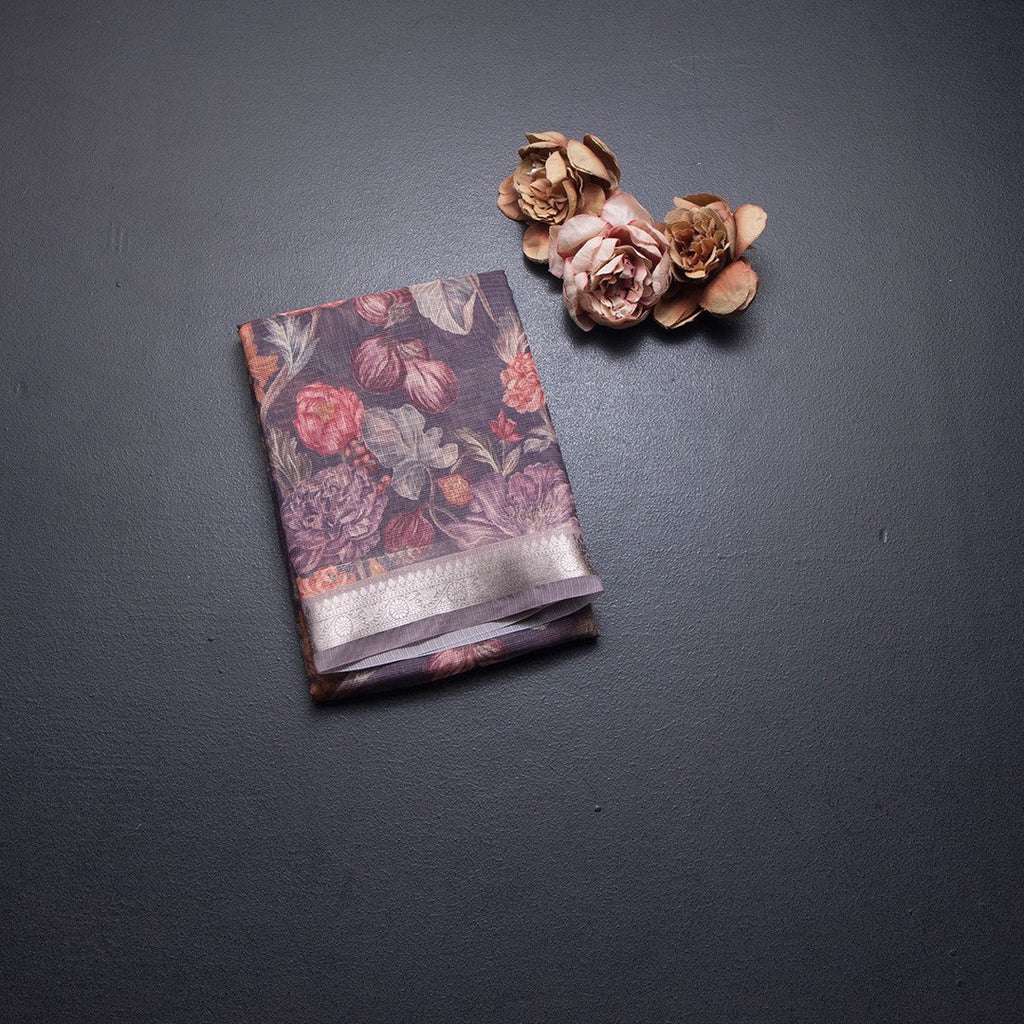 Kota Dark Brown Floral Printed Saree And Zari Border