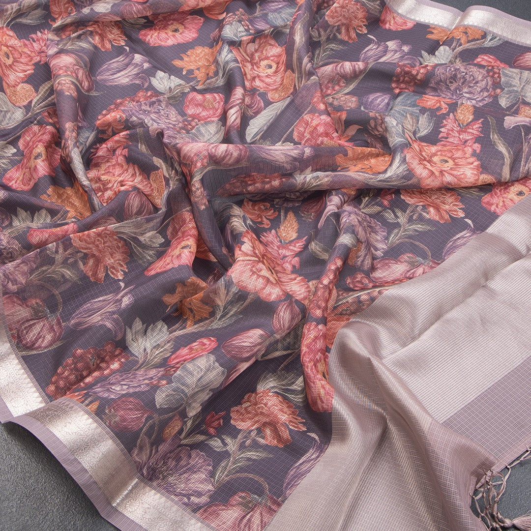 Kota Dark Brown Floral Printed Saree And Zari Border - Kumaran Silks