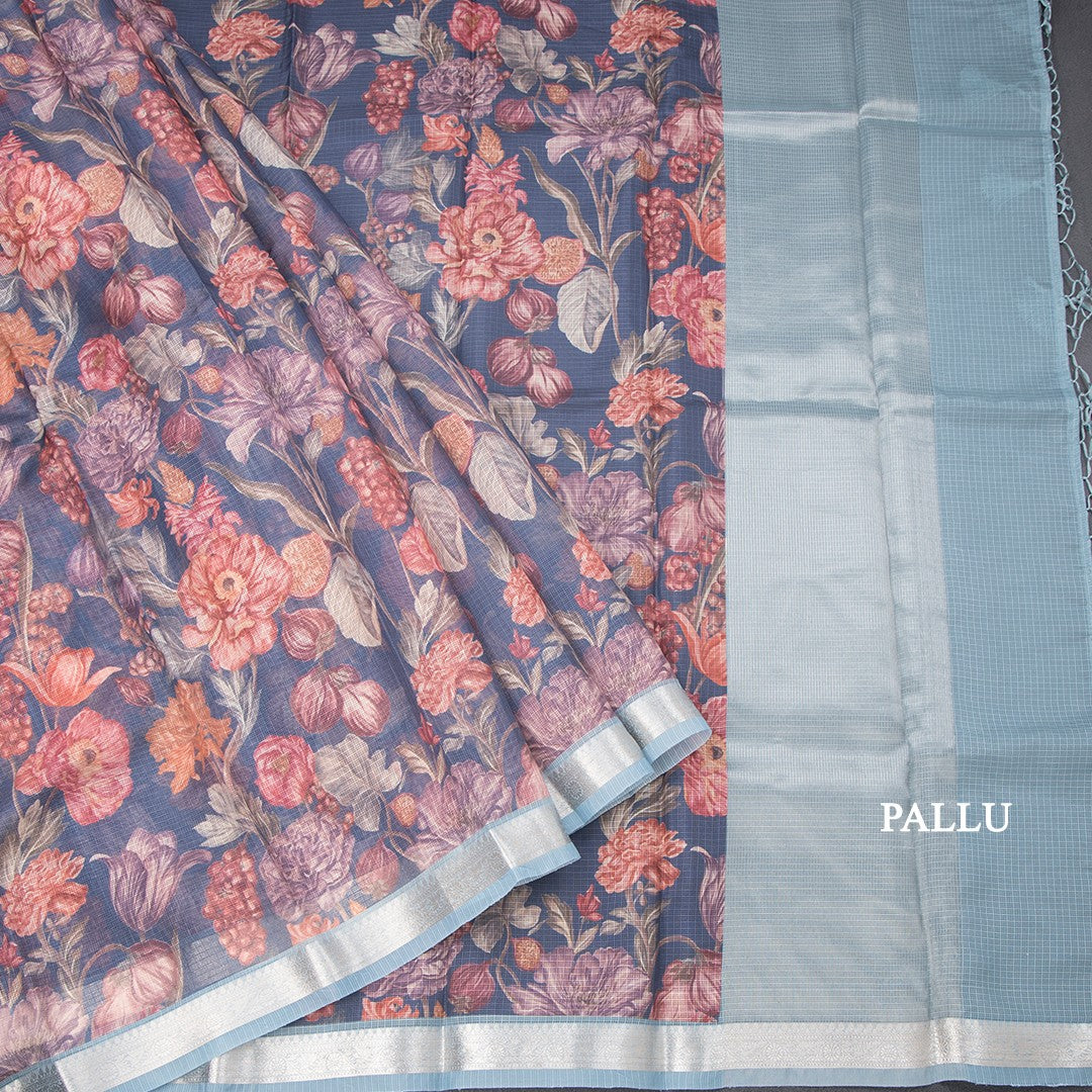 Kota Dark Grey Floral Printed Saree And Zari Border