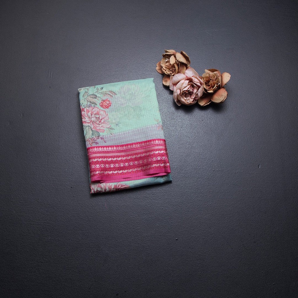 Kota Turquiose Blue Floral Printed Saree And Zari Border