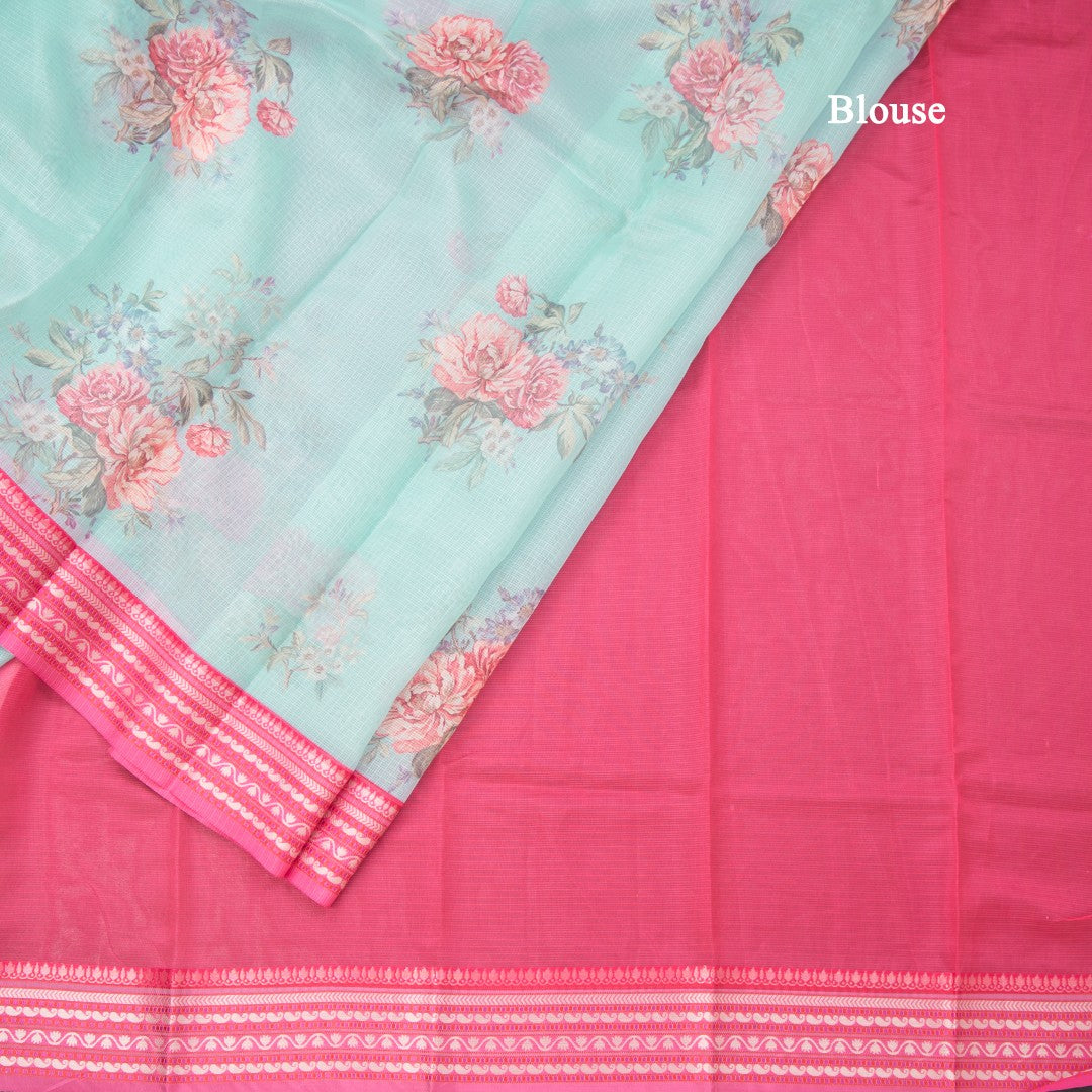 Kota Turquiose Blue Floral Printed Saree And Zari Border