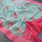 Kota Turquiose Blue Floral Printed Saree And Zari Border - Kumaran Silks