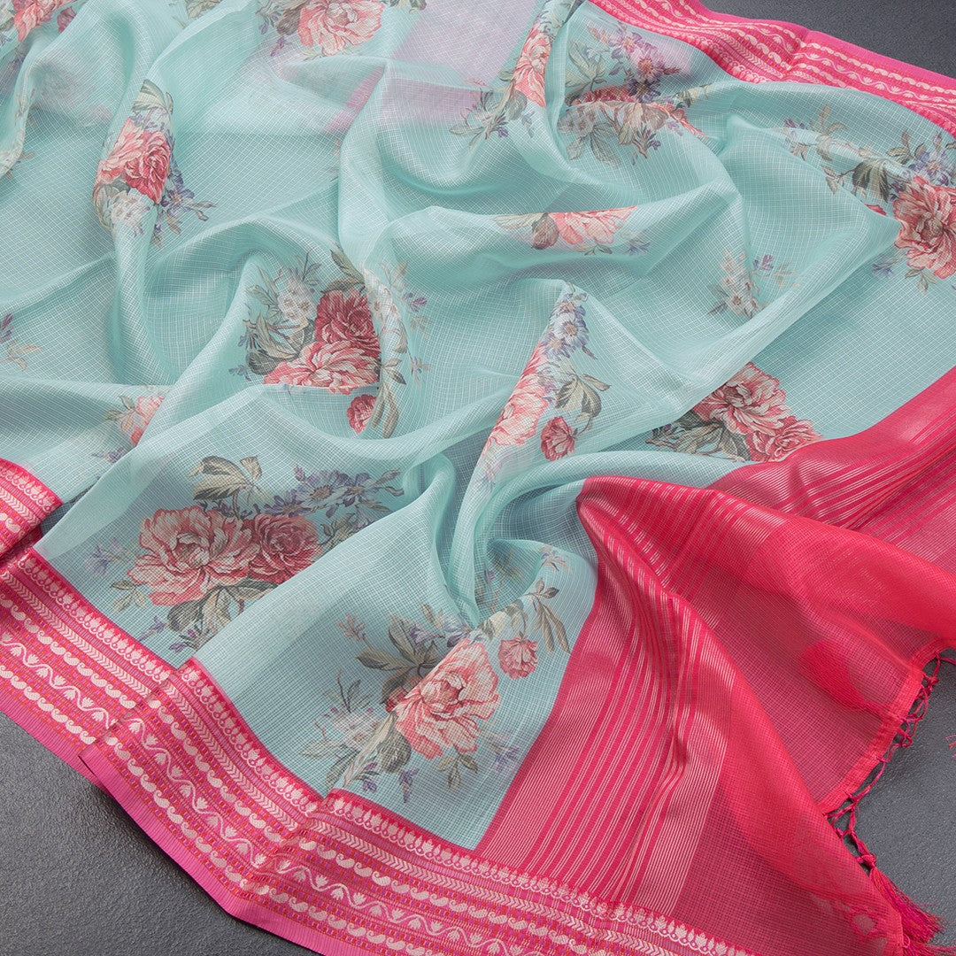 Kota Turquiose Blue Floral Printed Saree And Zari Border - Kumaran Silks