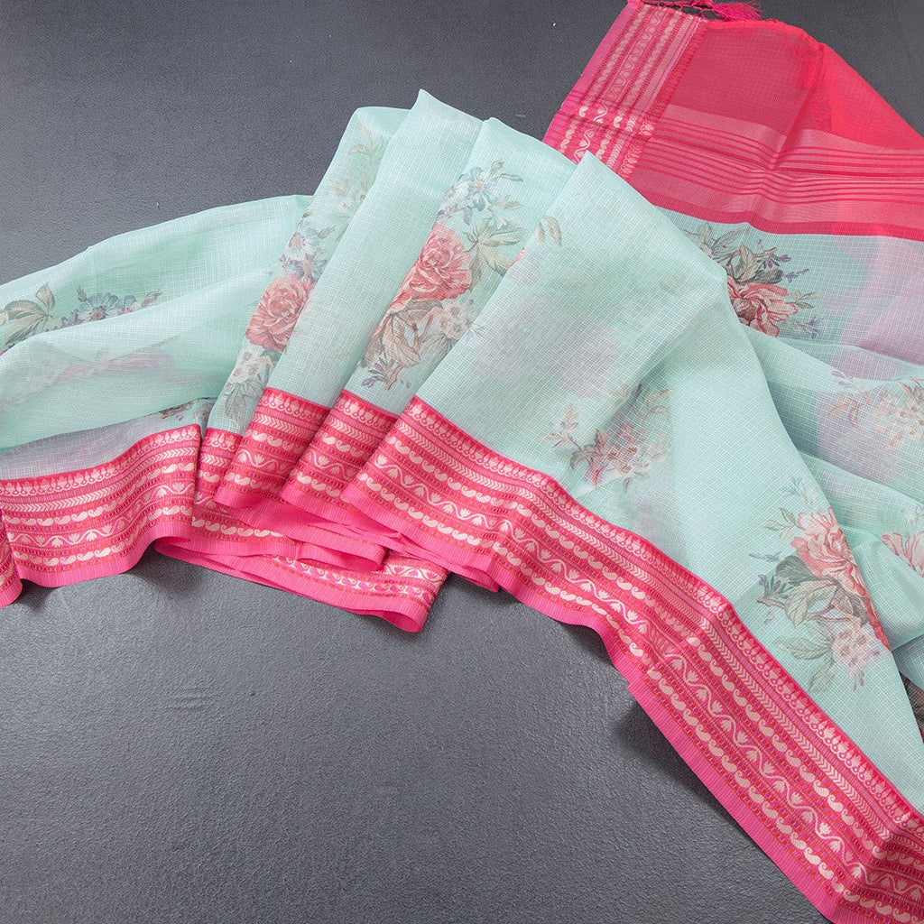 Kota Turquiose Blue Floral Printed Saree And Zari Border