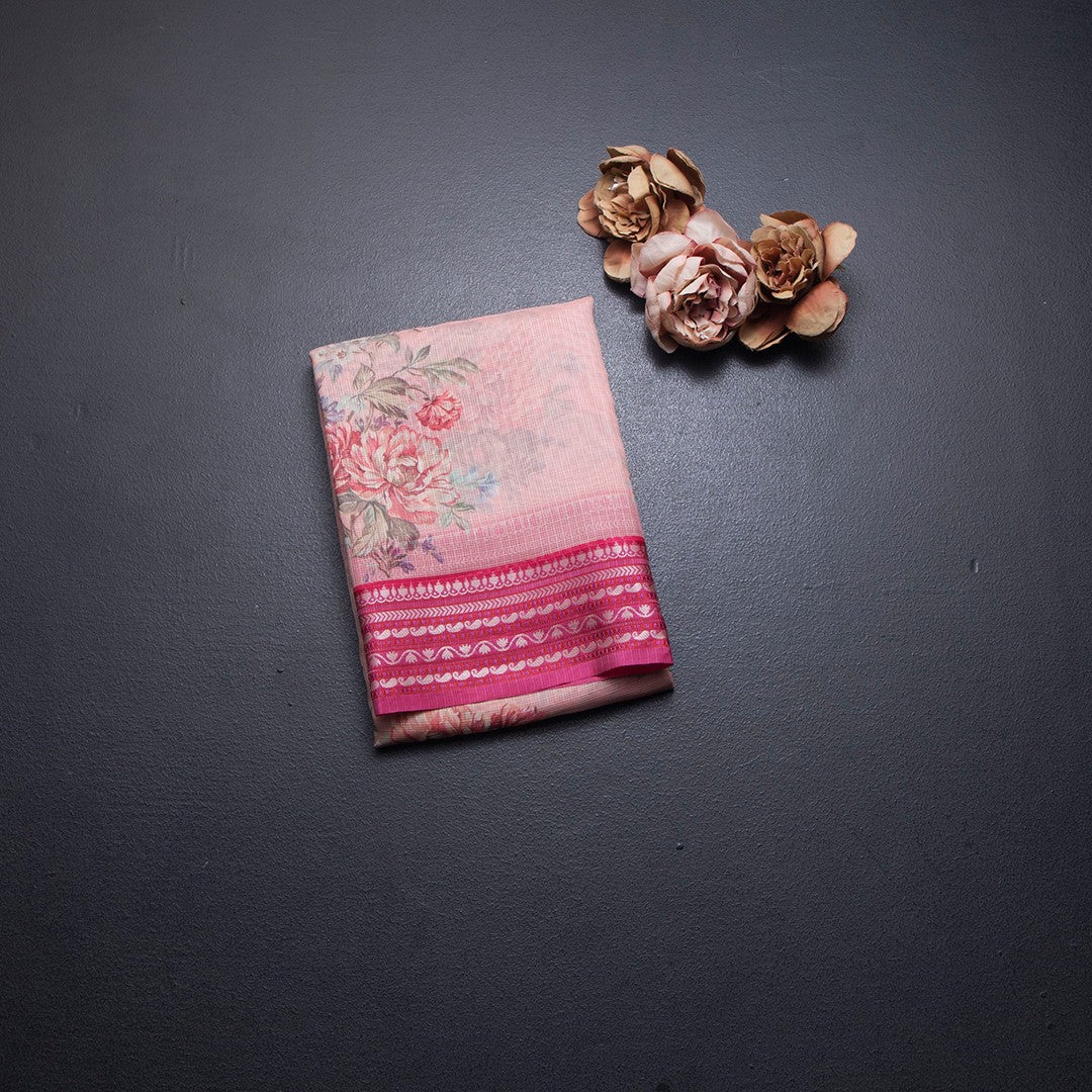 Kota Peach Floral Printed Saree And Zari Border