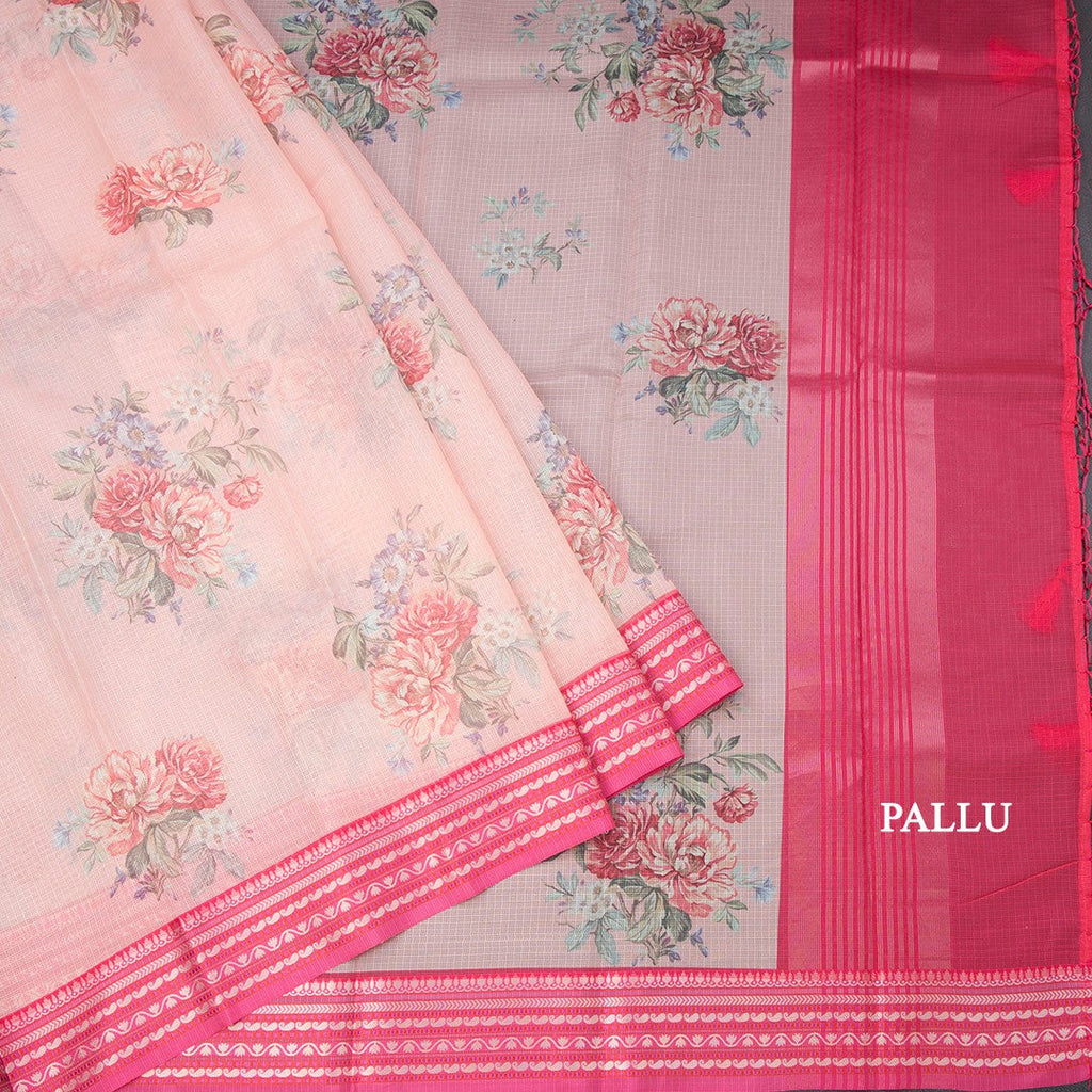 Kota Peach Floral Printed Saree And Zari Border
