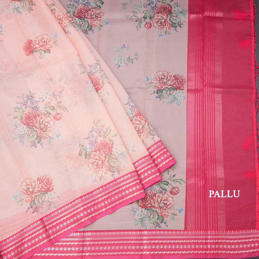 Kota Peach Floral Printed Saree And Zari Border