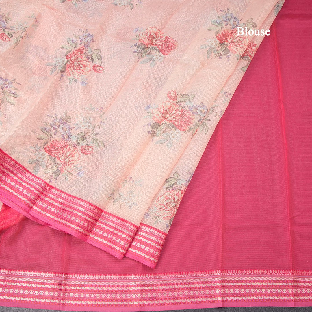 Kota Peach Floral Printed Saree And Zari Border