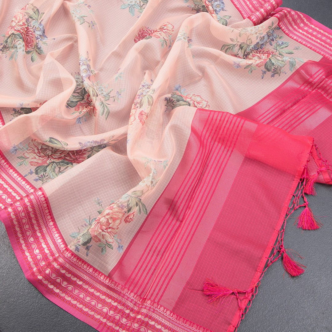 Kota Peach Floral Printed Saree And Zari Border - Kumaran Silks