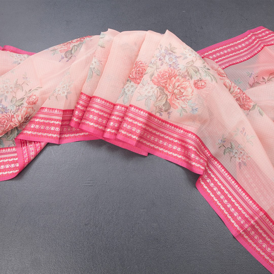 Kota Peach Floral Printed Saree And Zari Border