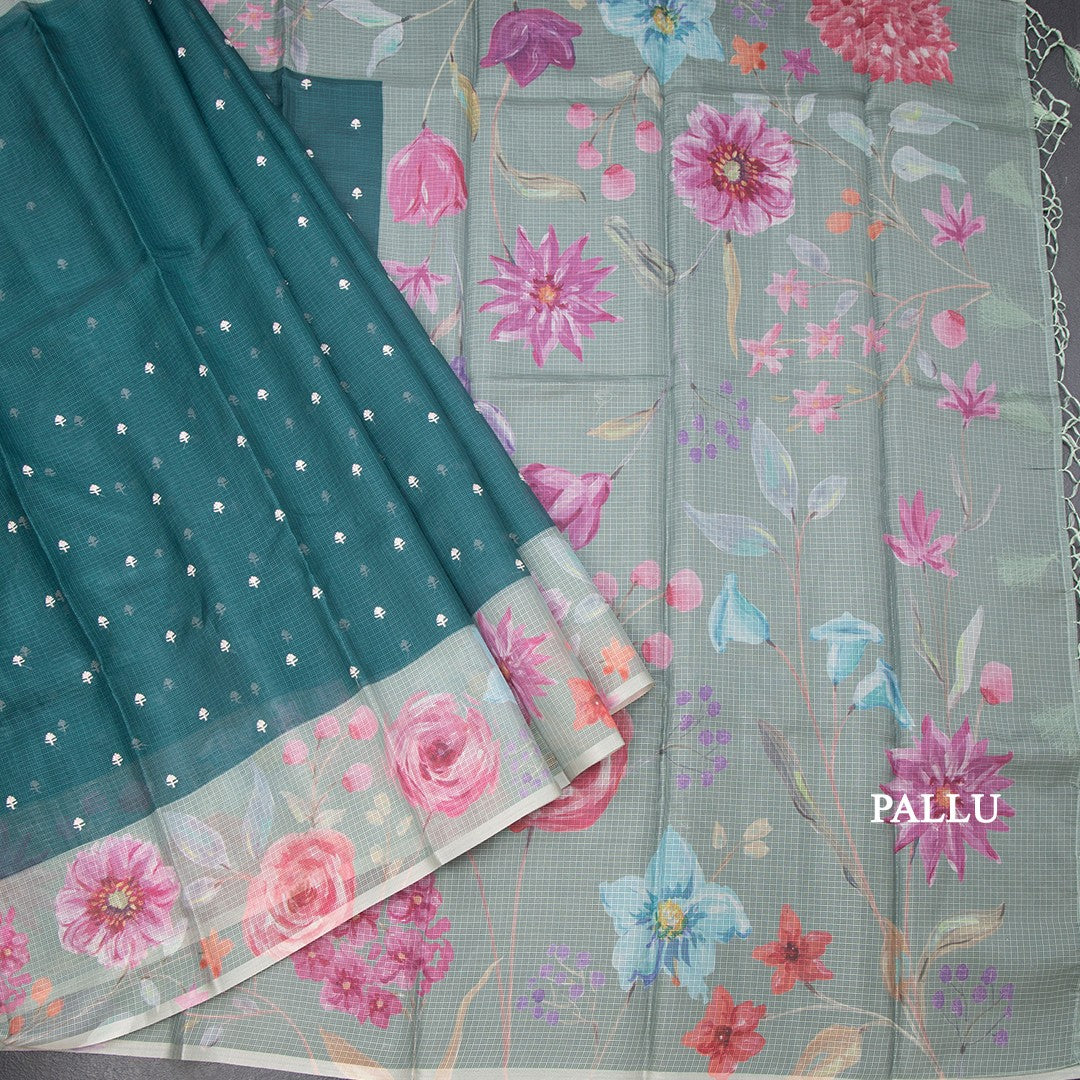 Kota Dark Green Saree With Thread Buttas And Printed Border