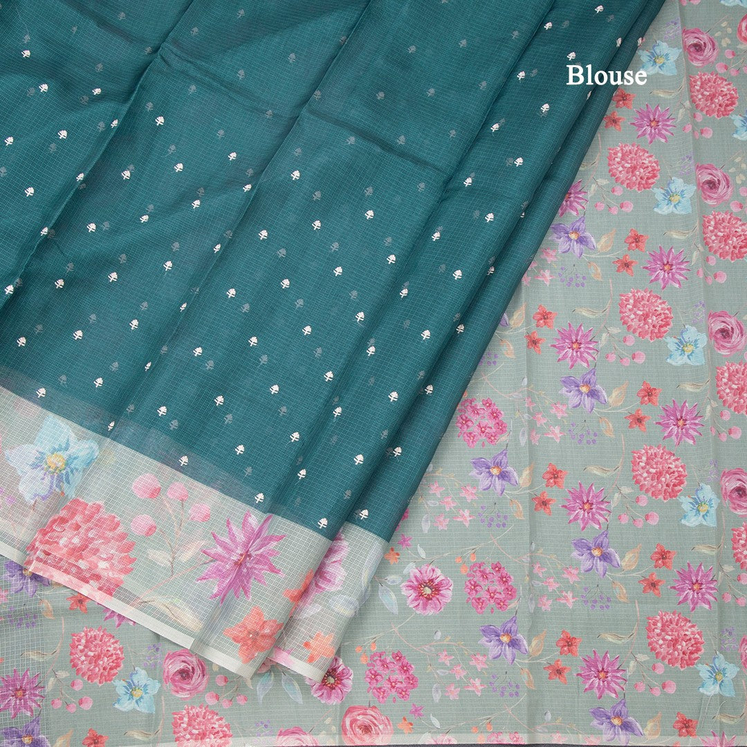 Kota Dark Green Saree With Thread Buttas And Printed Border