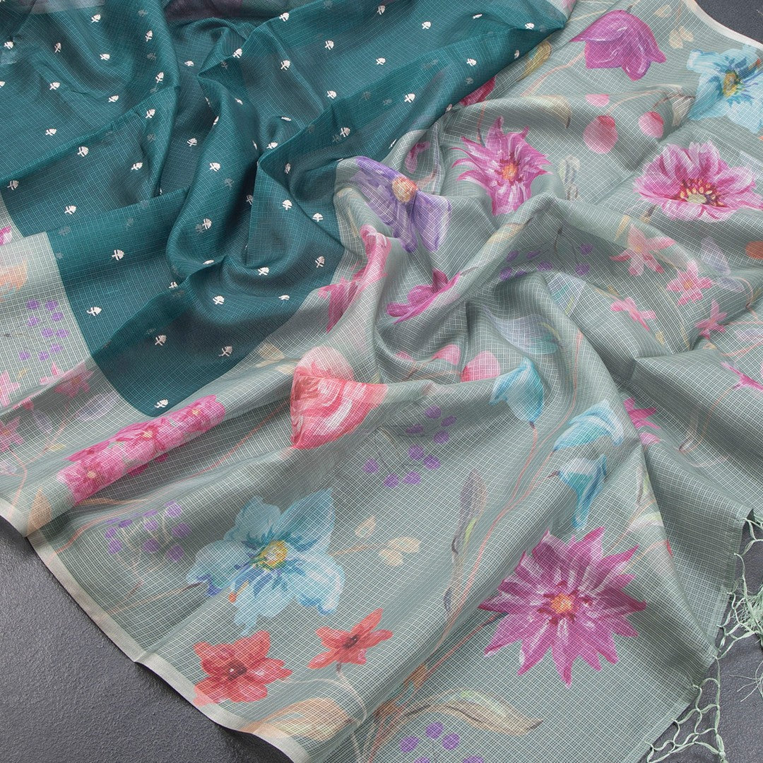 Kota Dark Green Saree With Thread Buttas And Printed Border - Kumaran Silks