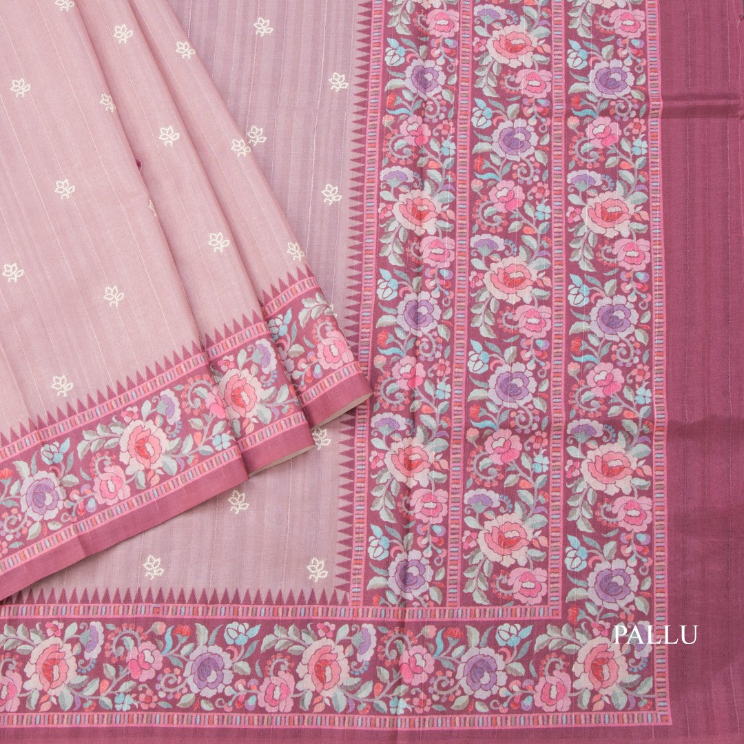 Raw Silk Peach Saree With Thread Buttas And Printed Border