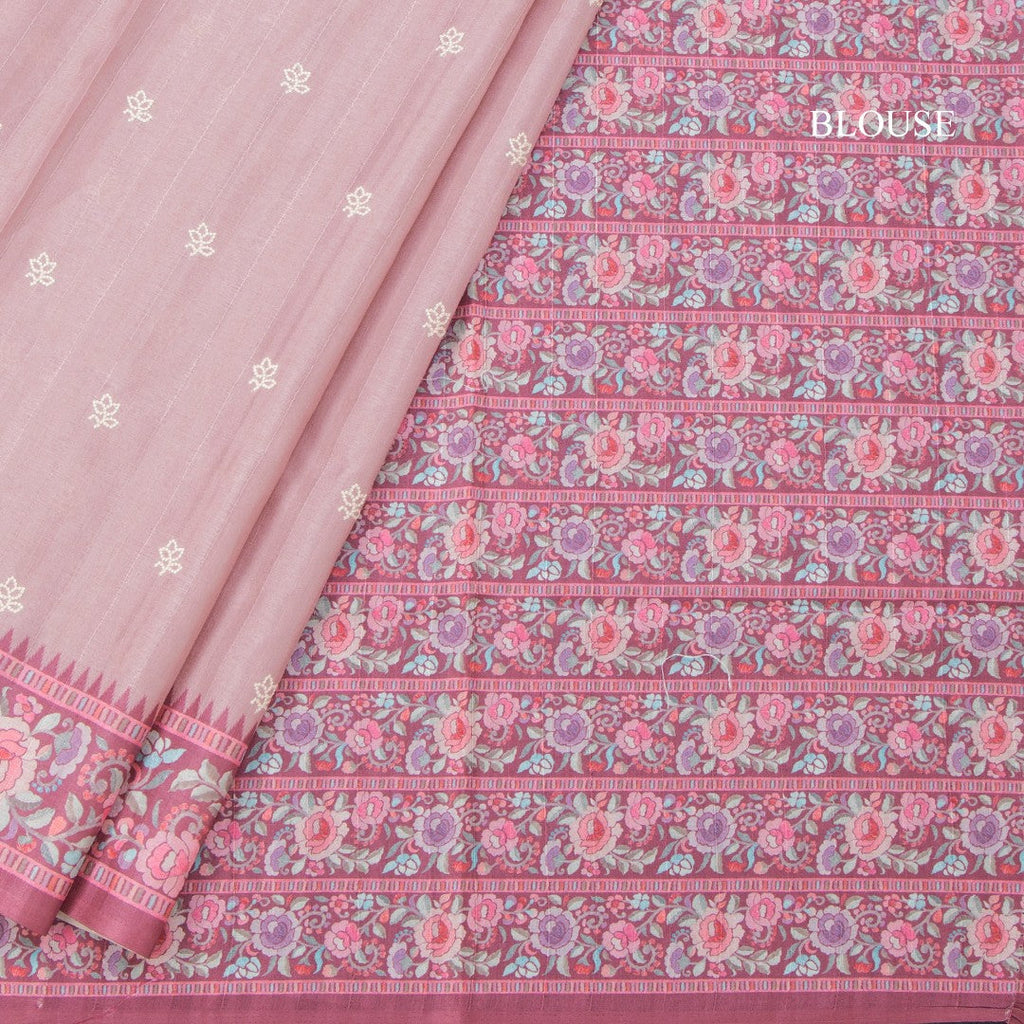 Raw Silk Peach Saree With Thread Buttas And Printed Border