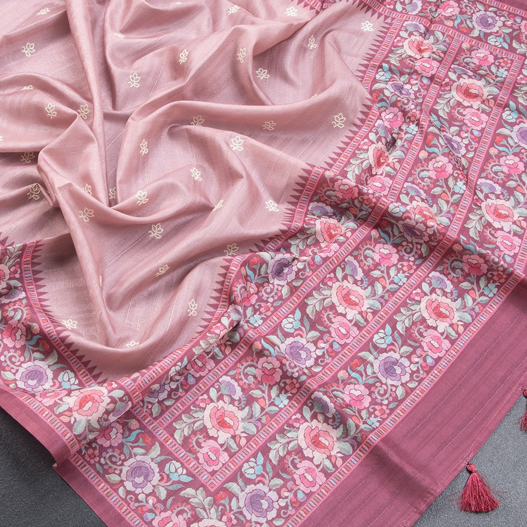 Raw Silk Peach Saree With Thread Buttas And Printed Border - Kumaran Silks