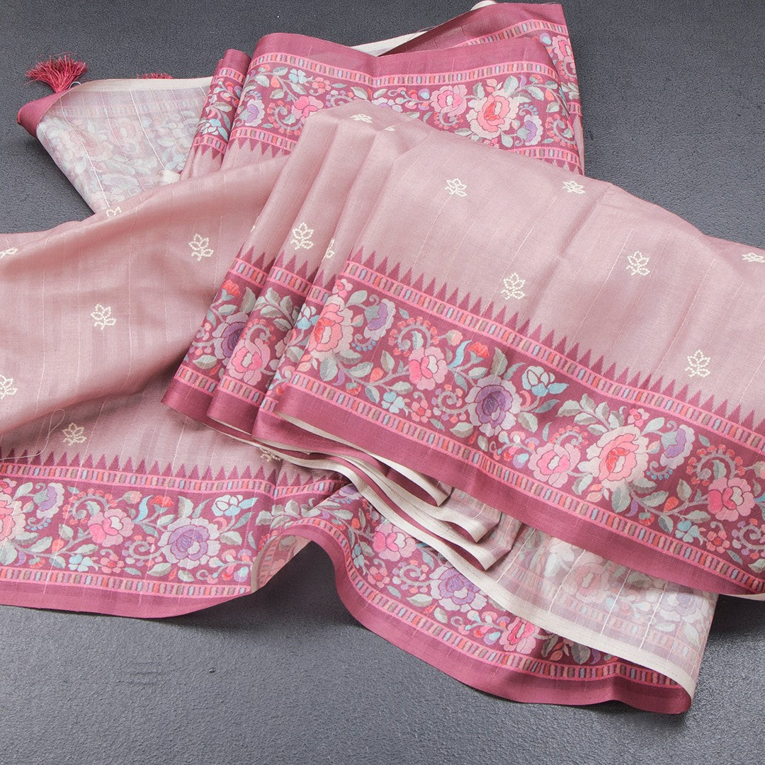 Raw Silk Peach Saree With Thread Buttas And Printed Border