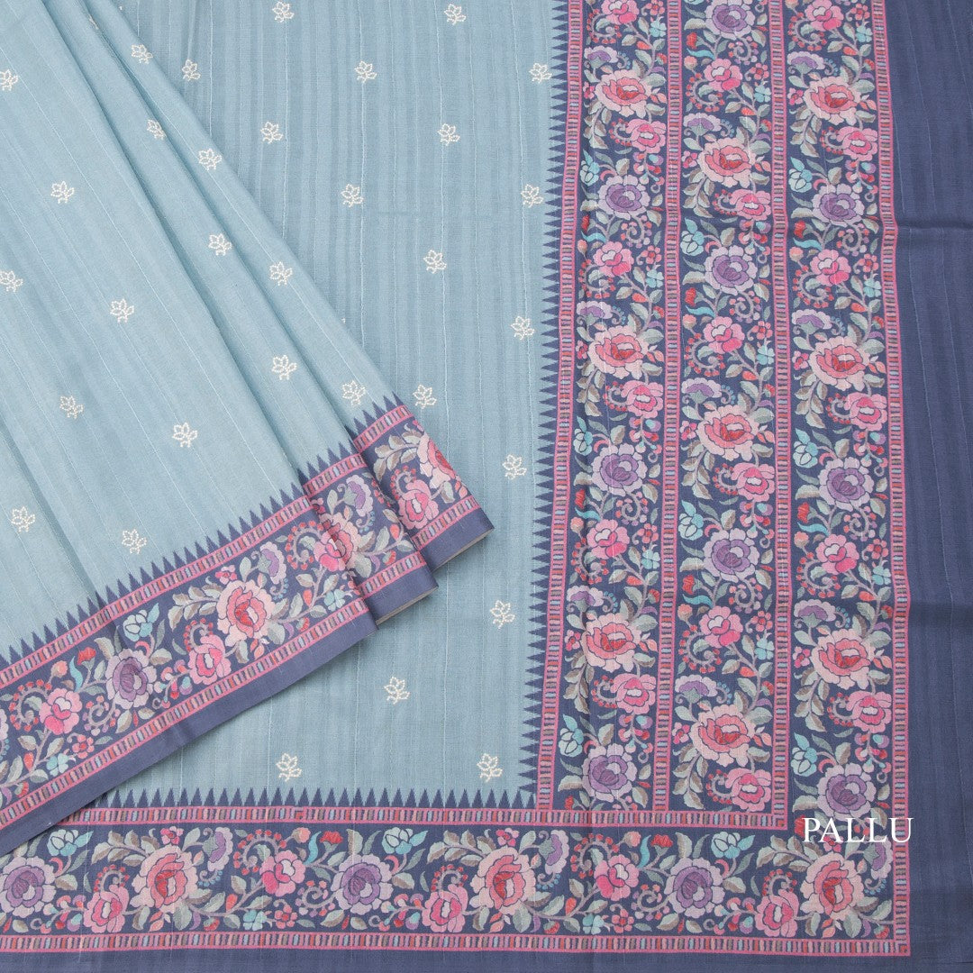 Raw Silk Powder Blue Saree With Thread Buttas And Printed Border
