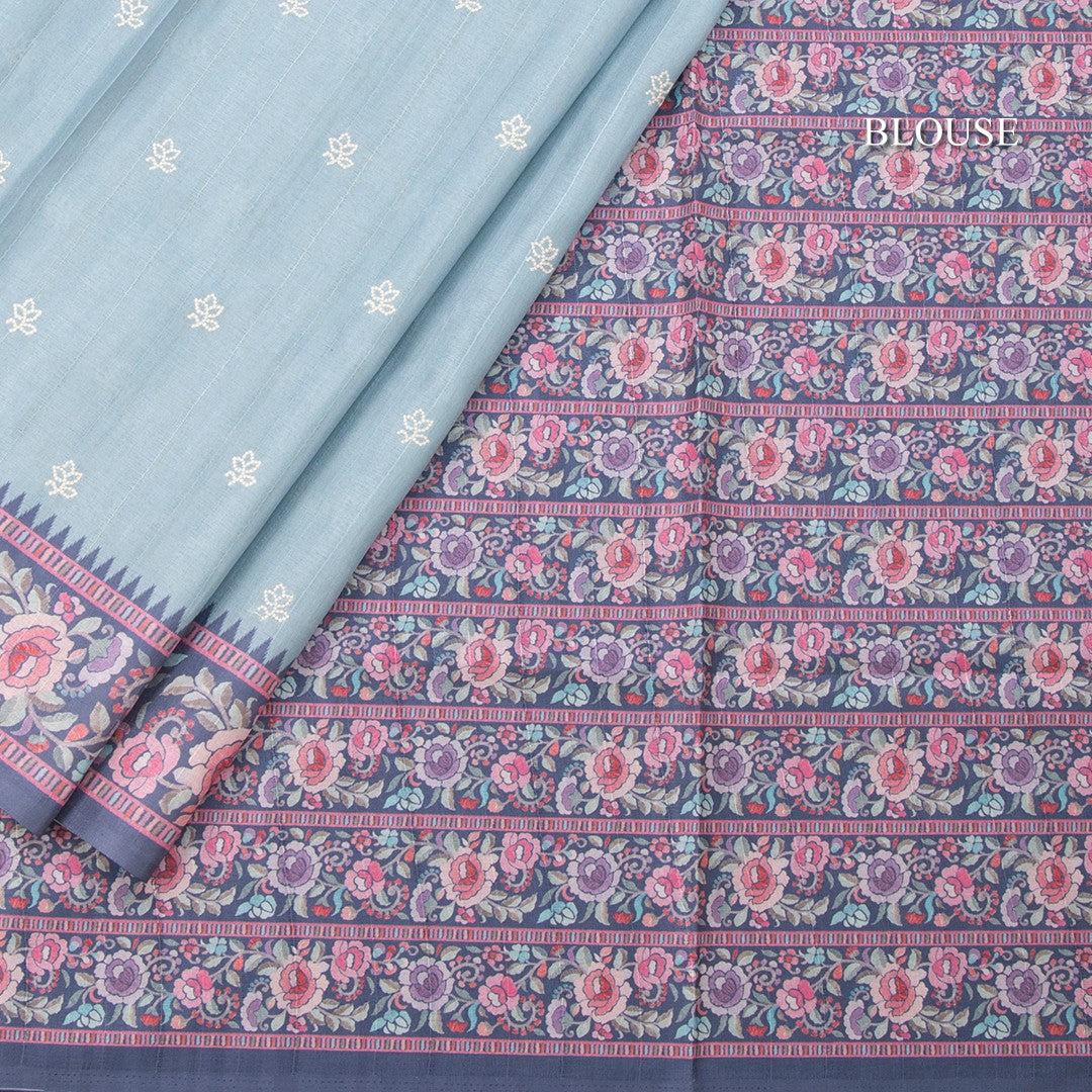Raw Silk Powder Blue Saree With Thread Buttas And Printed Border