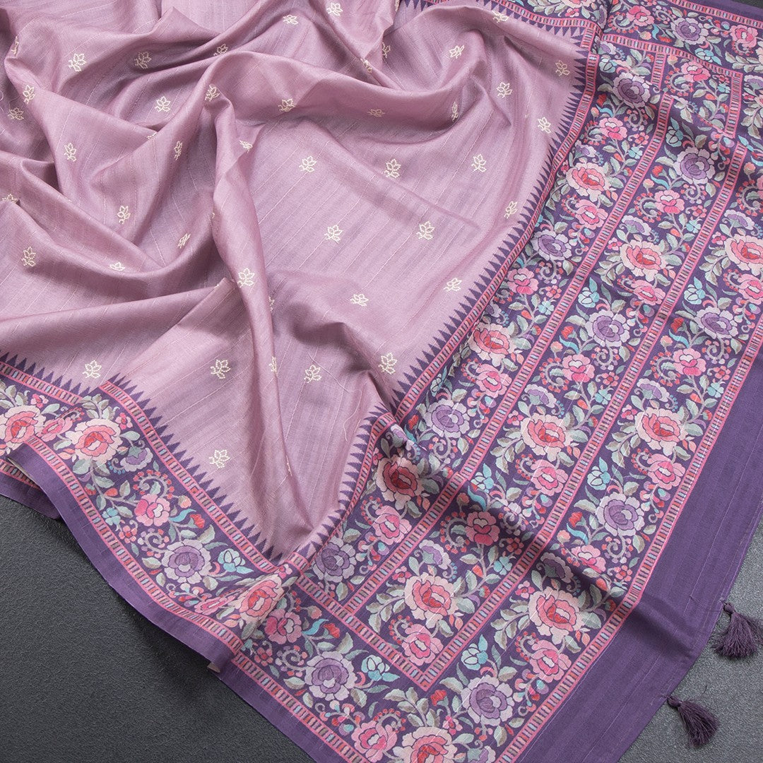 Raw Silk Onion Pink Saree With Thread Buttas And Printed Border - Kumaran Silks