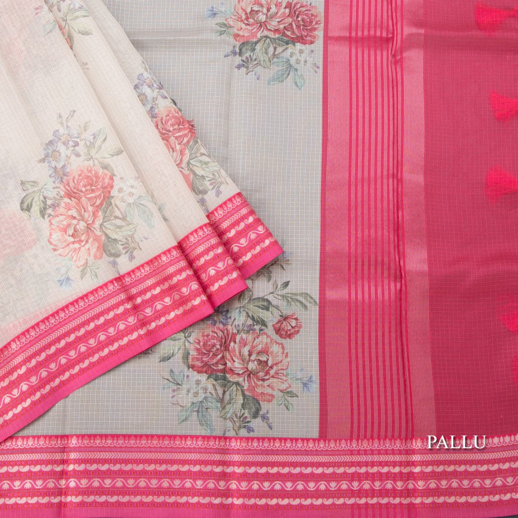 Kota Cream Floral Printed Saree And Zari Border