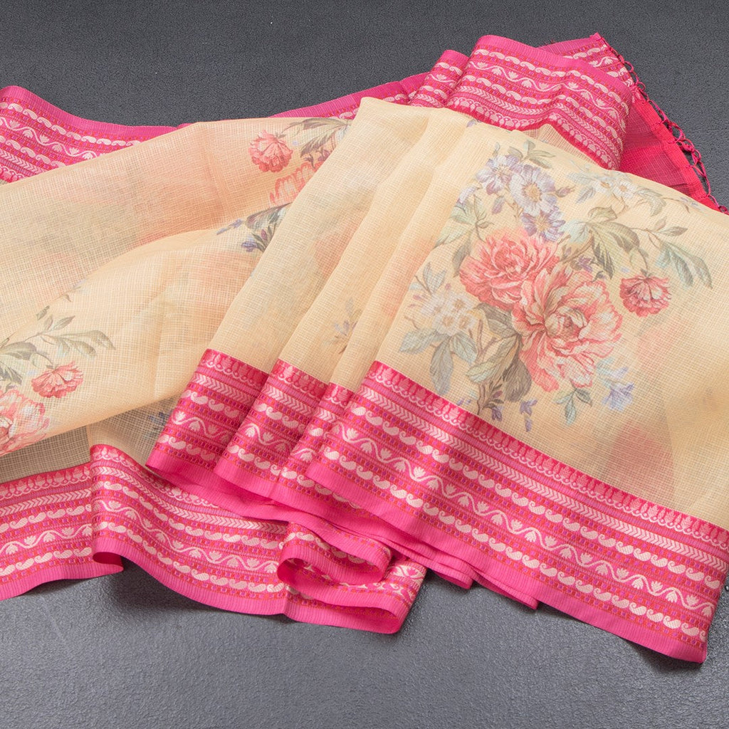 Kota Yellow Floral Printed Saree And Zari Border