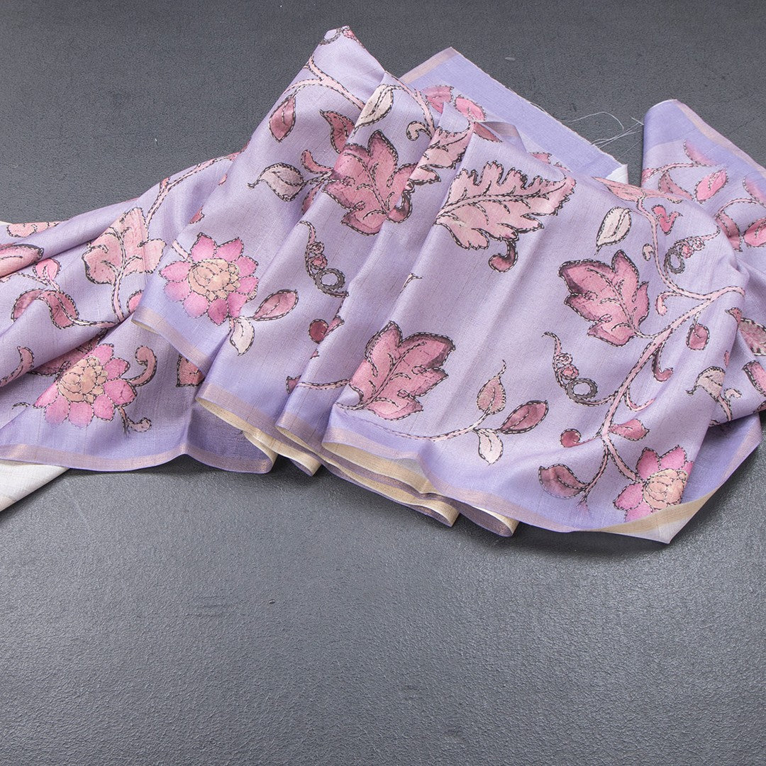 Semi Raw Silk Lavender Printed Saree With Floral Creeper Design