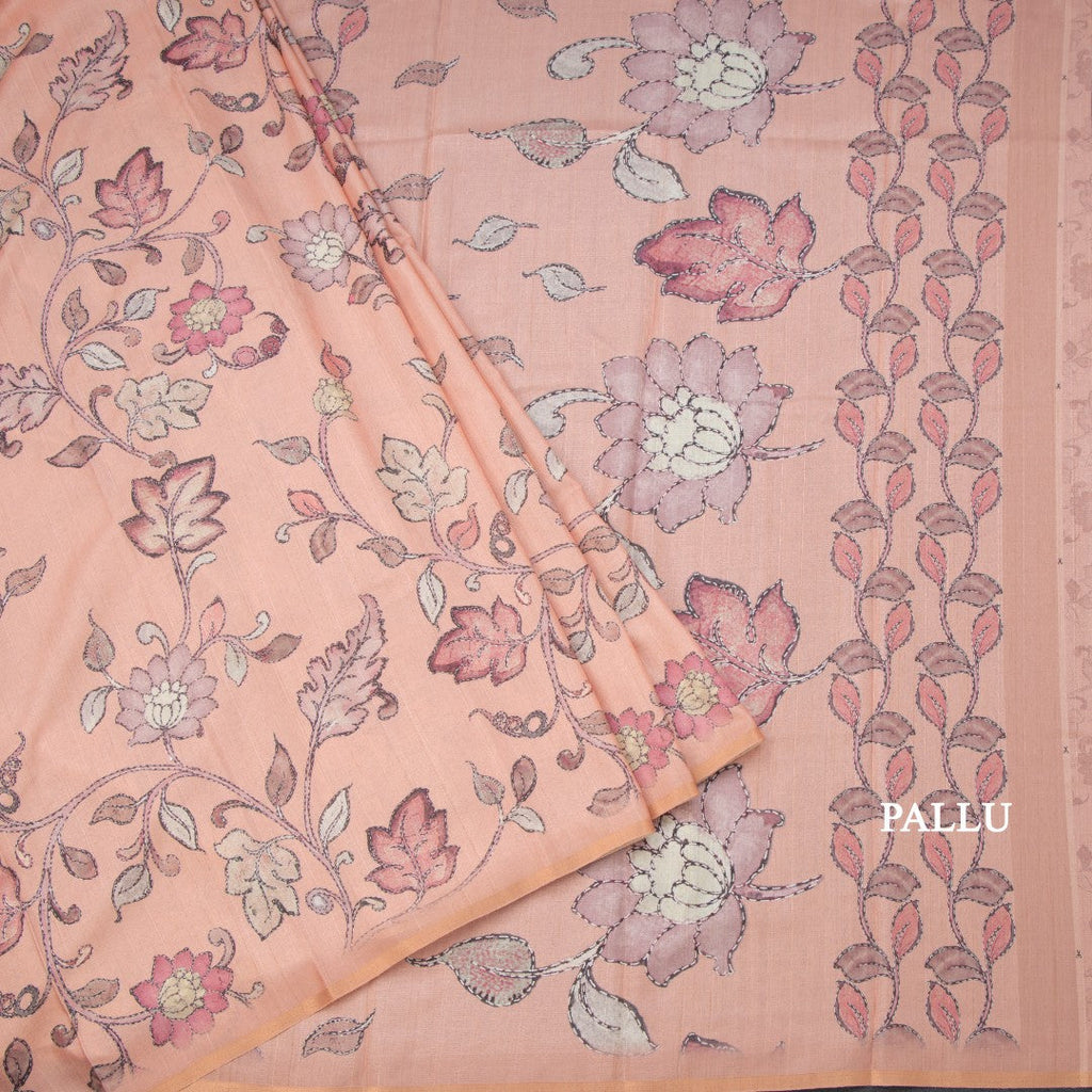Semi Raw Silk Peach Printed Saree With Floral Creeper Design