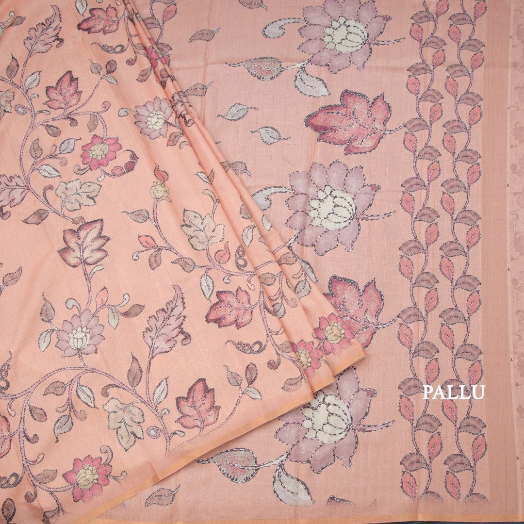 Semi Raw Silk Peach Printed Saree With Floral Creeper Design