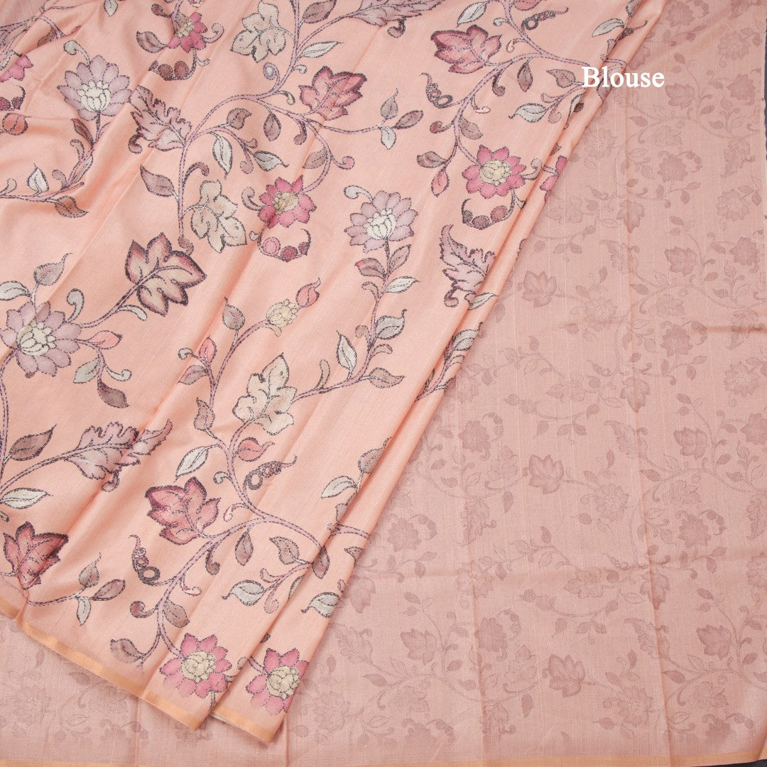 Semi Raw Silk Peach Printed Saree With Floral Creeper Design