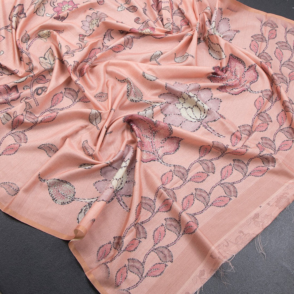 Semi Raw Silk Peach Printed Saree With Floral Creeper Design - Kumaran Silks
