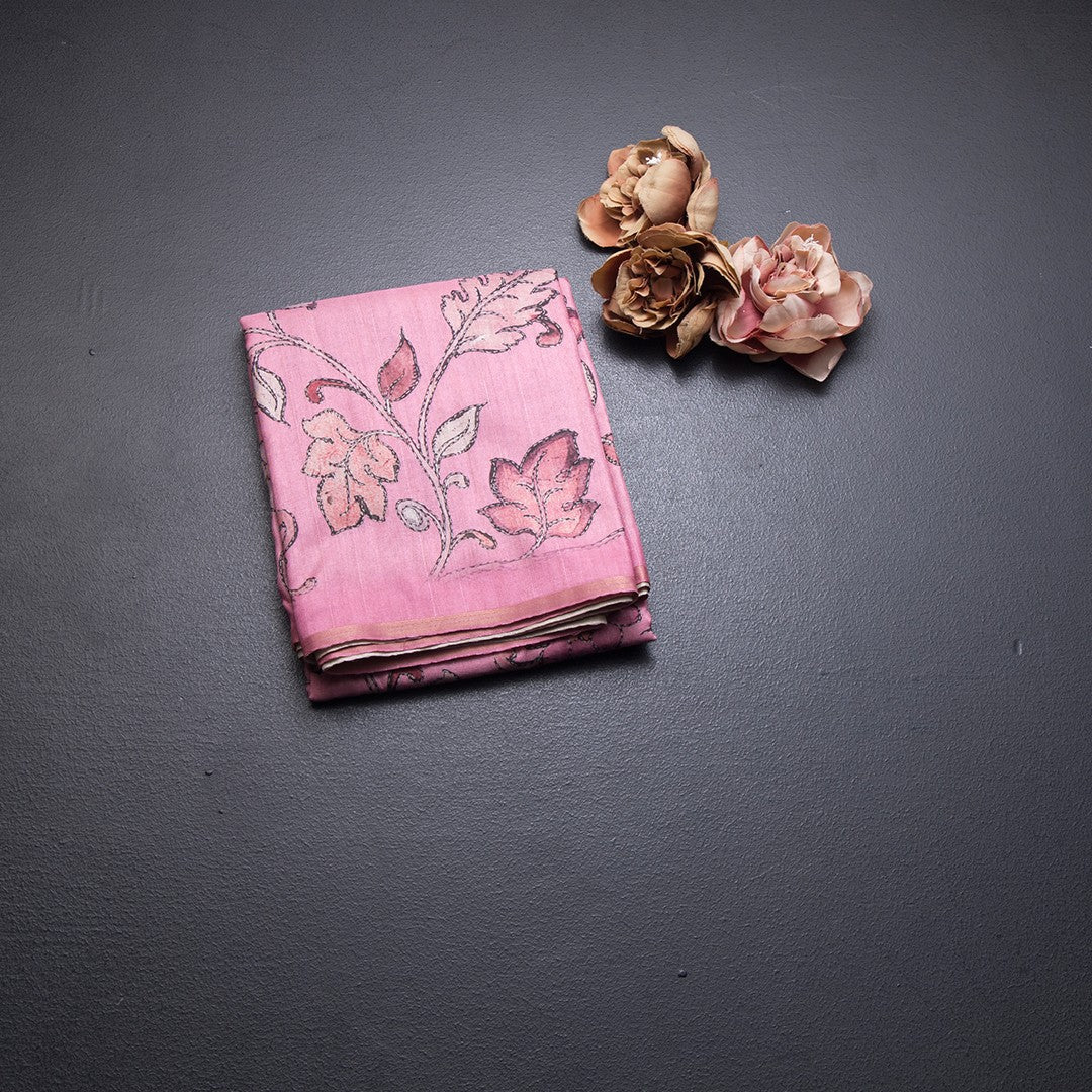 Semi Raw Silk Rose Pink Printed Saree With Floral Creeper Design