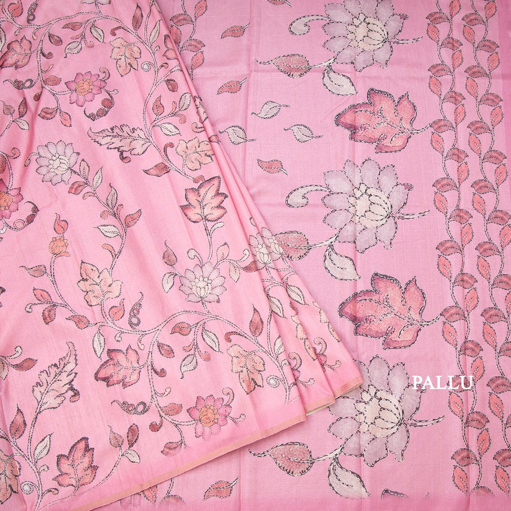Semi Raw Silk Rose Pink Printed Saree With Floral Creeper Design