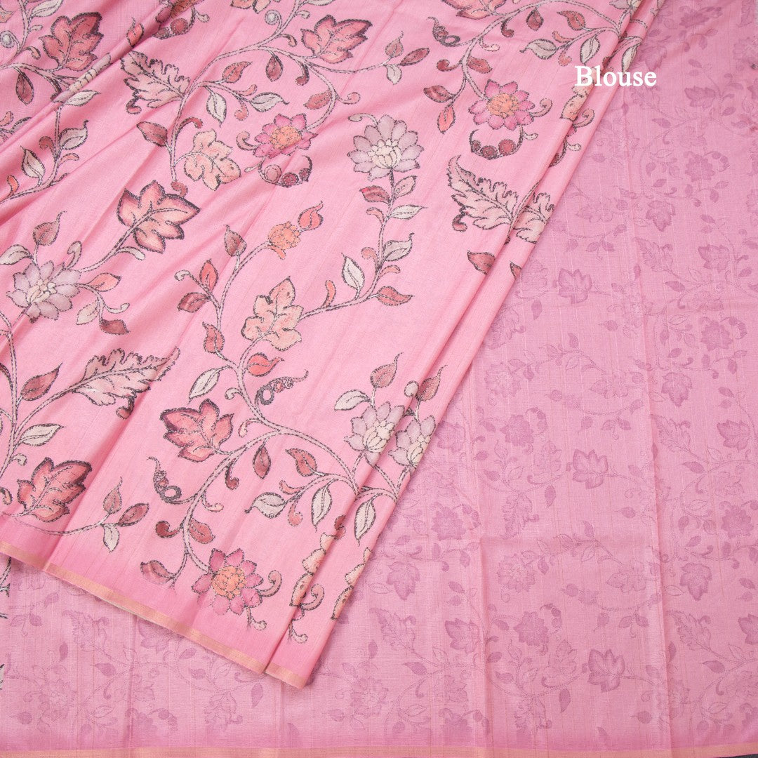 Semi Raw Silk Rose Pink Printed Saree With Floral Creeper Design