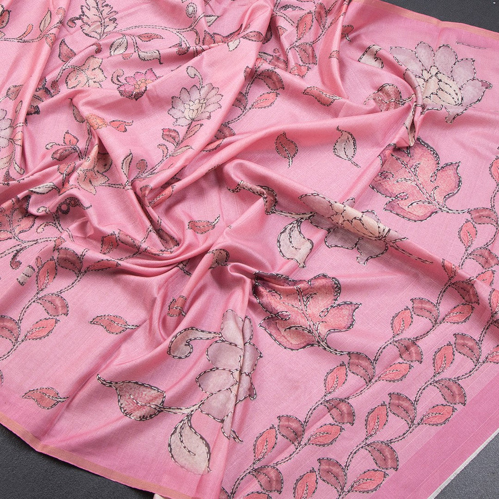 Semi Raw Silk Rose Pink Printed Saree With Floral Creeper Design - Kumaran Silks