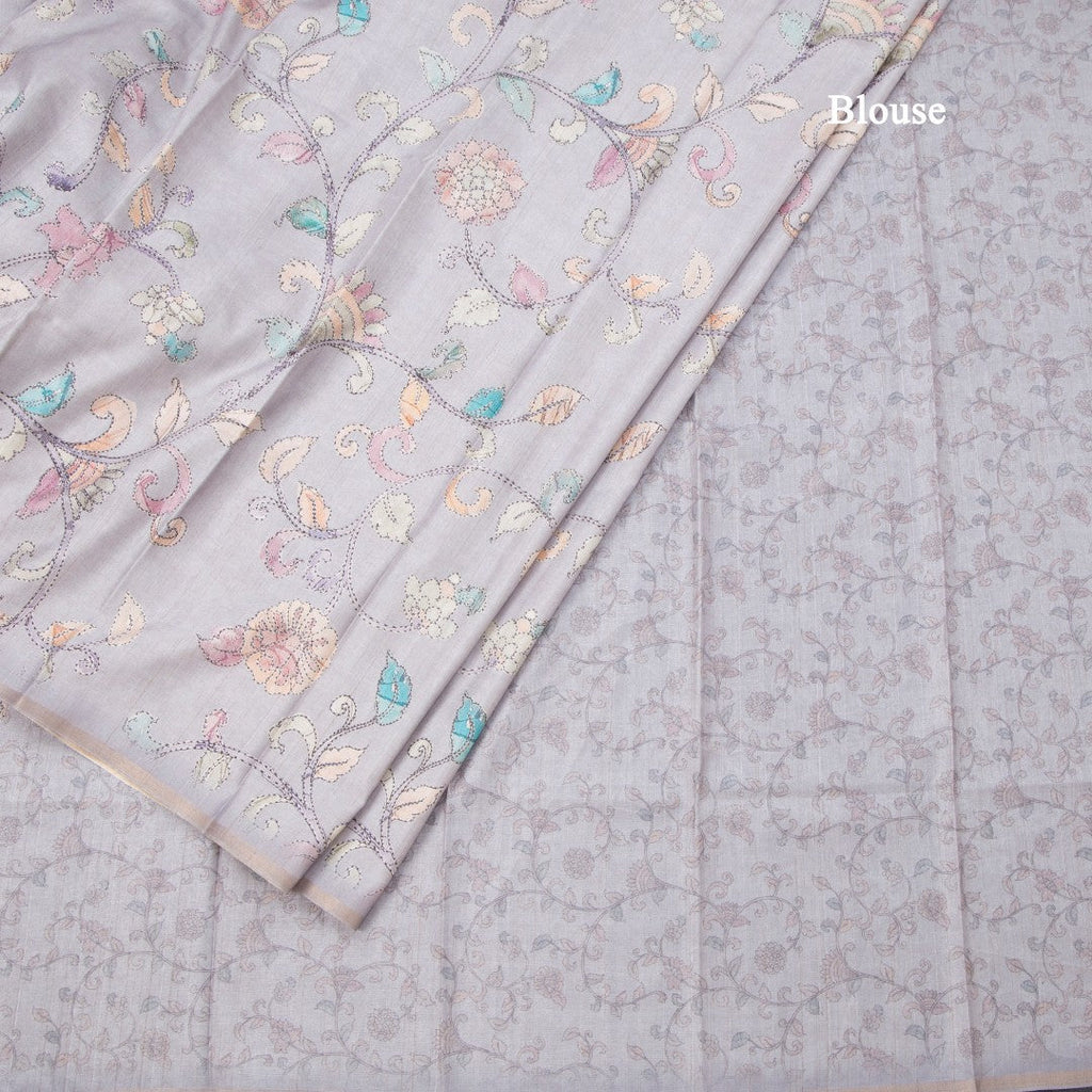 Semi Raw Silk Grey Printed Saree With Floral Creeper Design