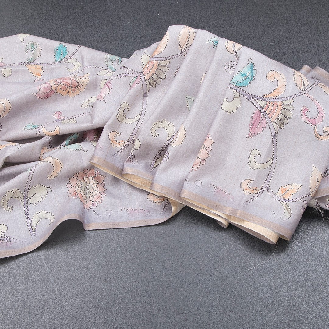Semi Raw Silk Grey Printed Saree With Floral Creeper Design