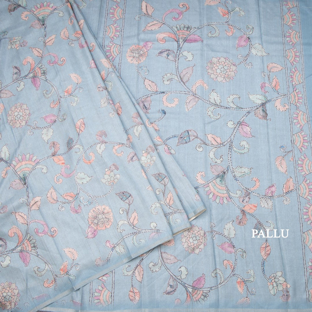 Semi Raw Silk Powder Blue Printed Saree With Floral Creeper Design