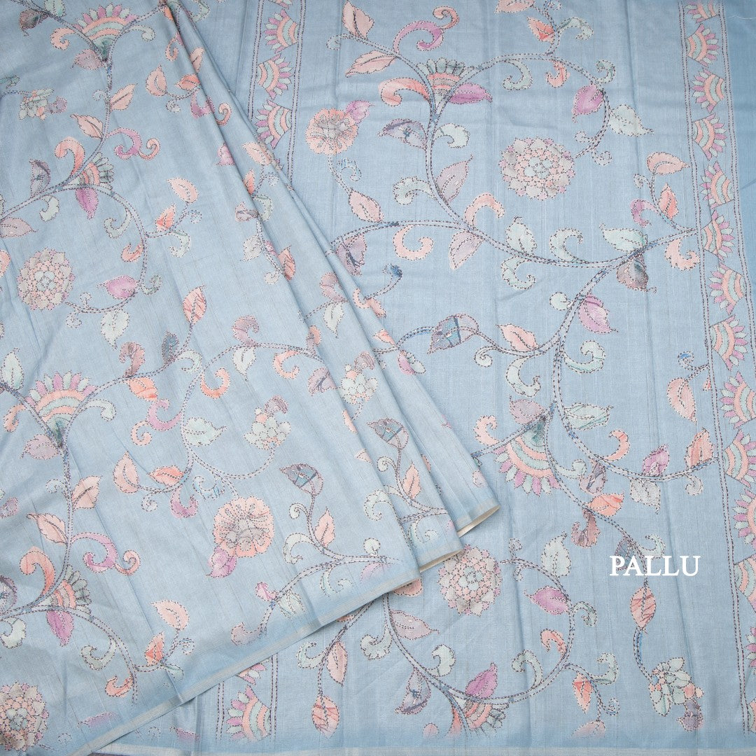 Semi Raw Silk Powder Blue Printed Saree With Floral Creeper Design