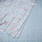 Semi Raw Silk Powder Blue Printed Saree With Floral Creeper Design