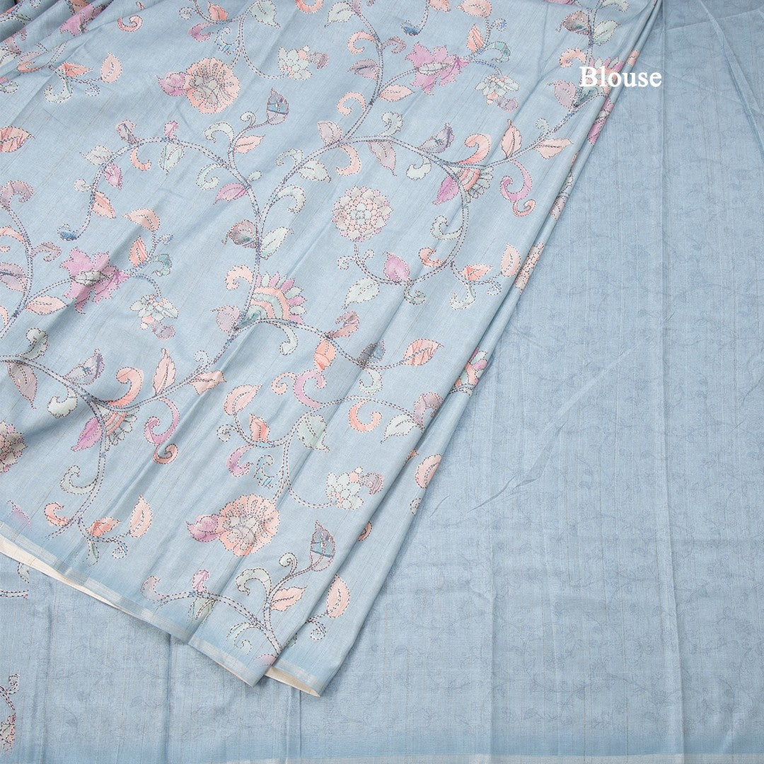 Semi Raw Silk Powder Blue Printed Saree With Floral Creeper Design
